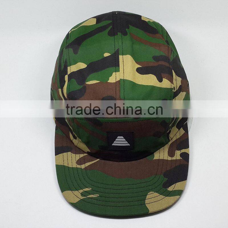 Custom pattern printed 5 panel hat with leather patch