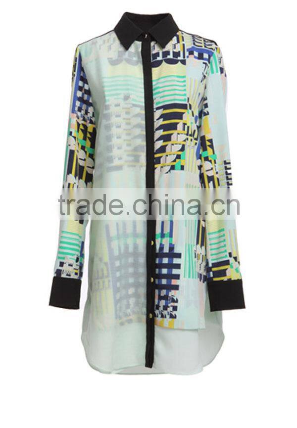 Ladeis' fahison long sleeves double layer digital print high quality direct factory chiffon style blouse 2015