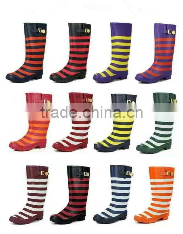 Women stripe rubber rain boot wholesale brand waterproof boots leftover stock