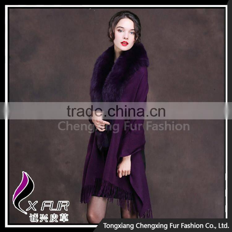 CX-B-P-18E New Style Fox Fur Trim Black Shawl