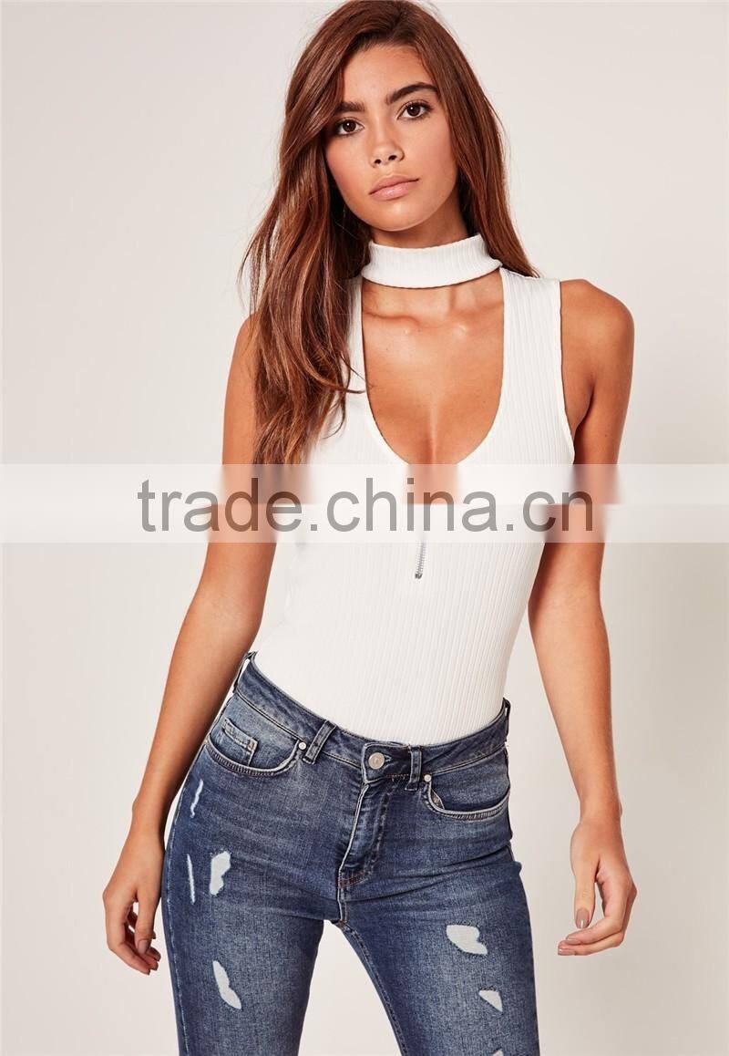MGOO 2017 High Fashion White Ribbed Bodysuits For Women Sexy Chocker Neck Zip 95% Cotton 5% Spandex Tops