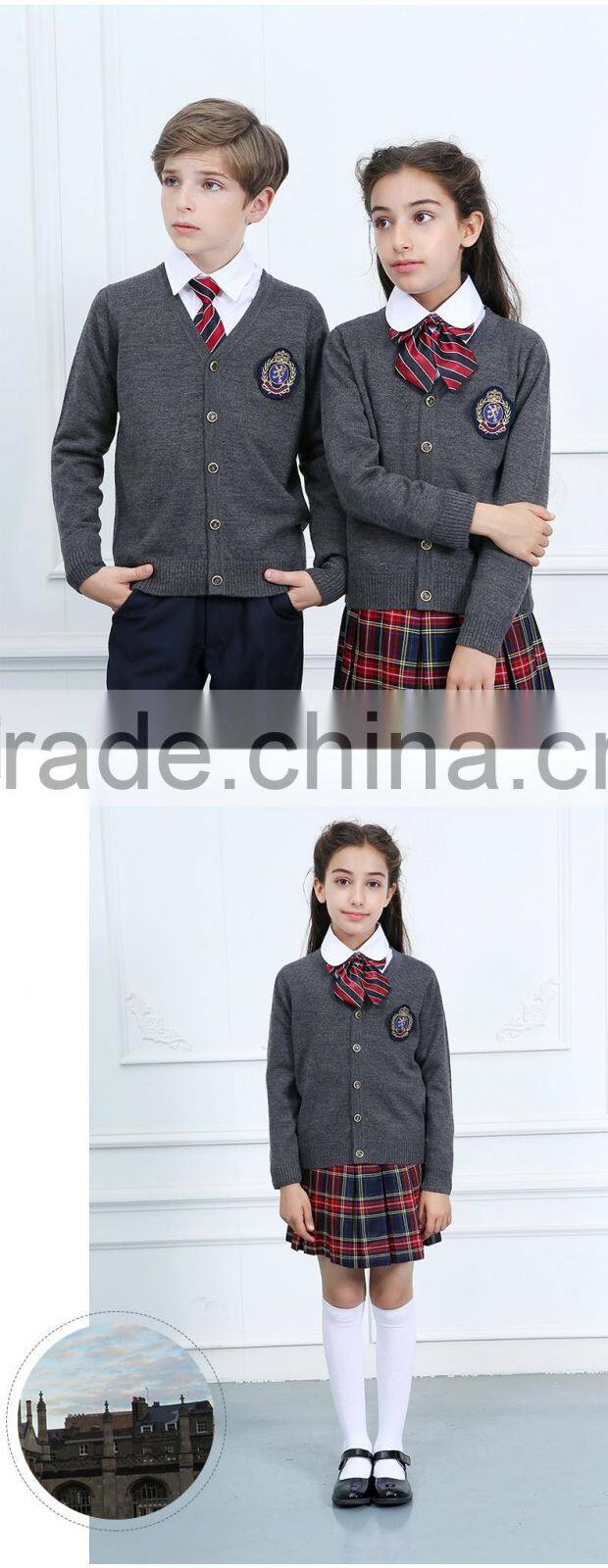 British style cardigan kids sweater 100% cotton primary school uniform designs