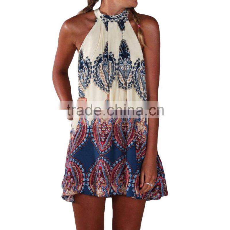 Wholesale Boho Design/Summer loose Printed Halter Style Sleeveless Hippie Women Chiffon Dress Mini Dress Plus Size