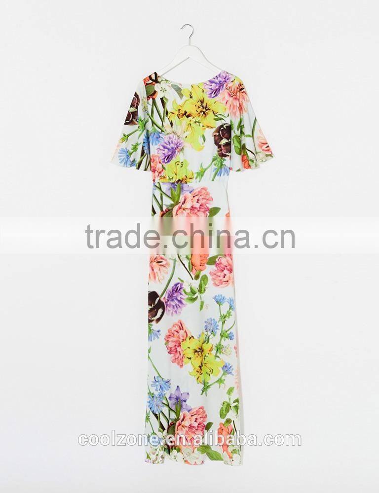 Backless half sleeve floral print maxi dress cheap evening dress