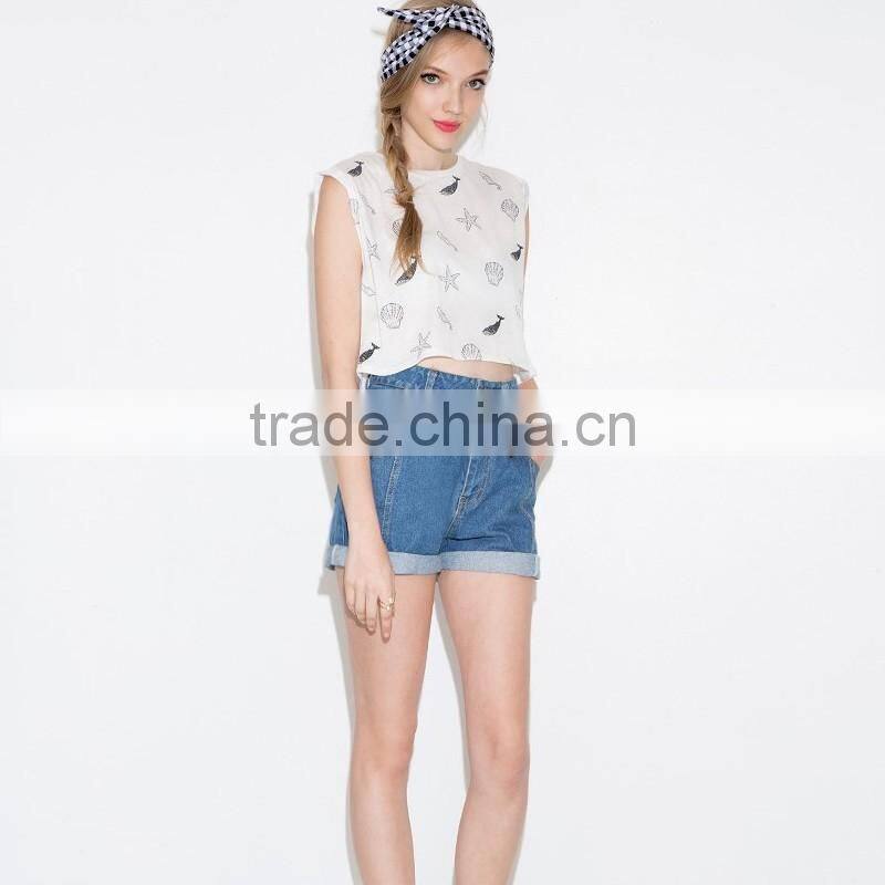 high quality sexy front shell printed sleeveless crop tops/t shirt