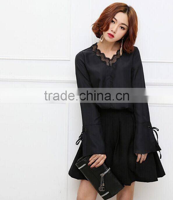 Hot sales!!!2017 Latest Ladies black lace v neck chiffon shirt