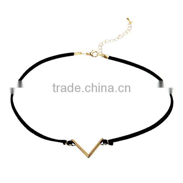 New Fashion Black Velvet Suede Choker Necklace V-shaped Gold Plated Connector 35.5cm long