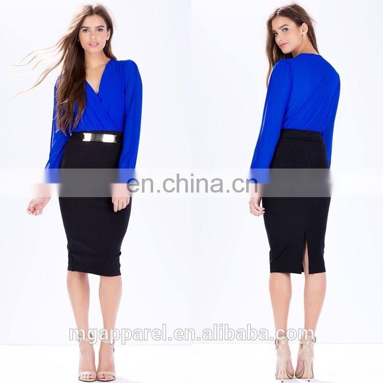 wholesale women dress long slit sleeves one-piece chiffon bodice bodycon midi dress with knit skirt fashion