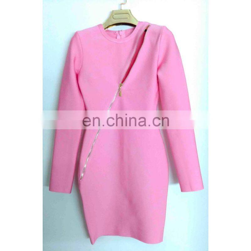 Amigo 2017 latest pink long sleeve cut out bias tape zipper midi sexy bandage dress evening dresses for women party wear