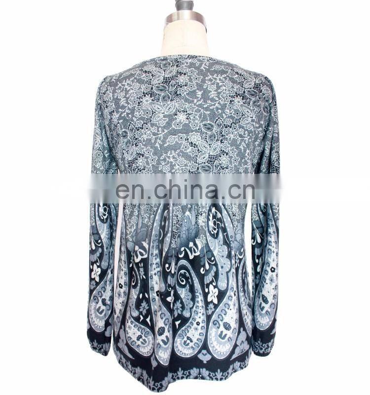Stock Exotic Embroidery Long Sleeve Blouse Ethnic Paisley Printed Women Top