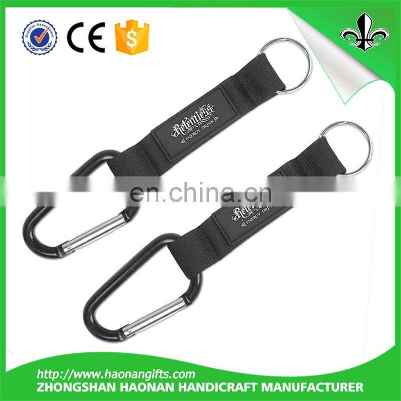 Factory custom cheap D-shaped aluminium carabiner keychain with short strap/carabiner strap