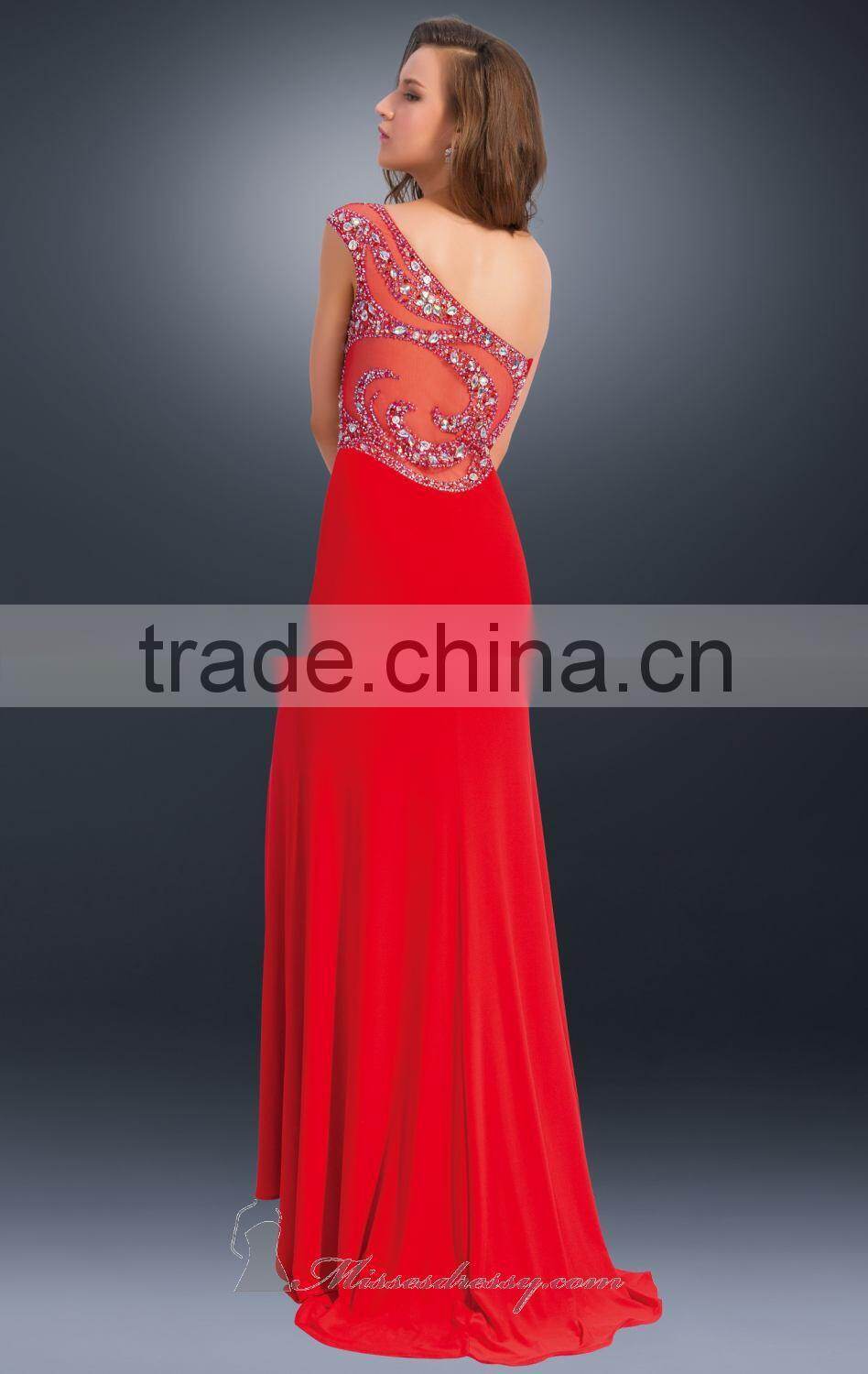 Fashional One Shoulder with Multicolored and Dazzling Beaded Shealth Side Slit Floor Length Red Carpet Evening Dresses Plus Size