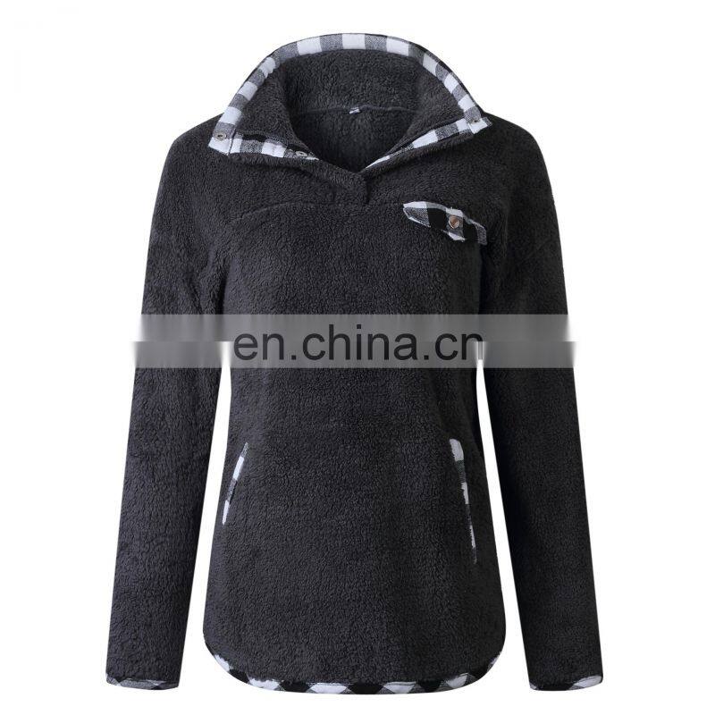 Factory Wholesale Hot sale 2020 Autumn and winter fashion lattice splice pocket button blouse home sweater home comfortable out