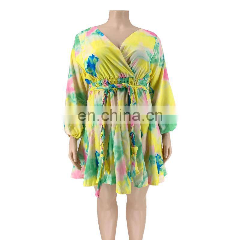 Manufacturer Customized Women's Summer Bohemian Long Skirt Printed V-neck Sexy Woven Oversized Skirt Plus Size Women's Clothing