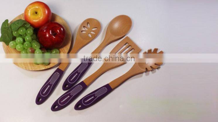 wooden kitchenware with silicon handle cooking utensil set