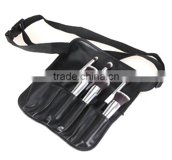 Black PU Leather Cosmetic Brush Bag, Cosmetic Belt Bag With Belt Strap