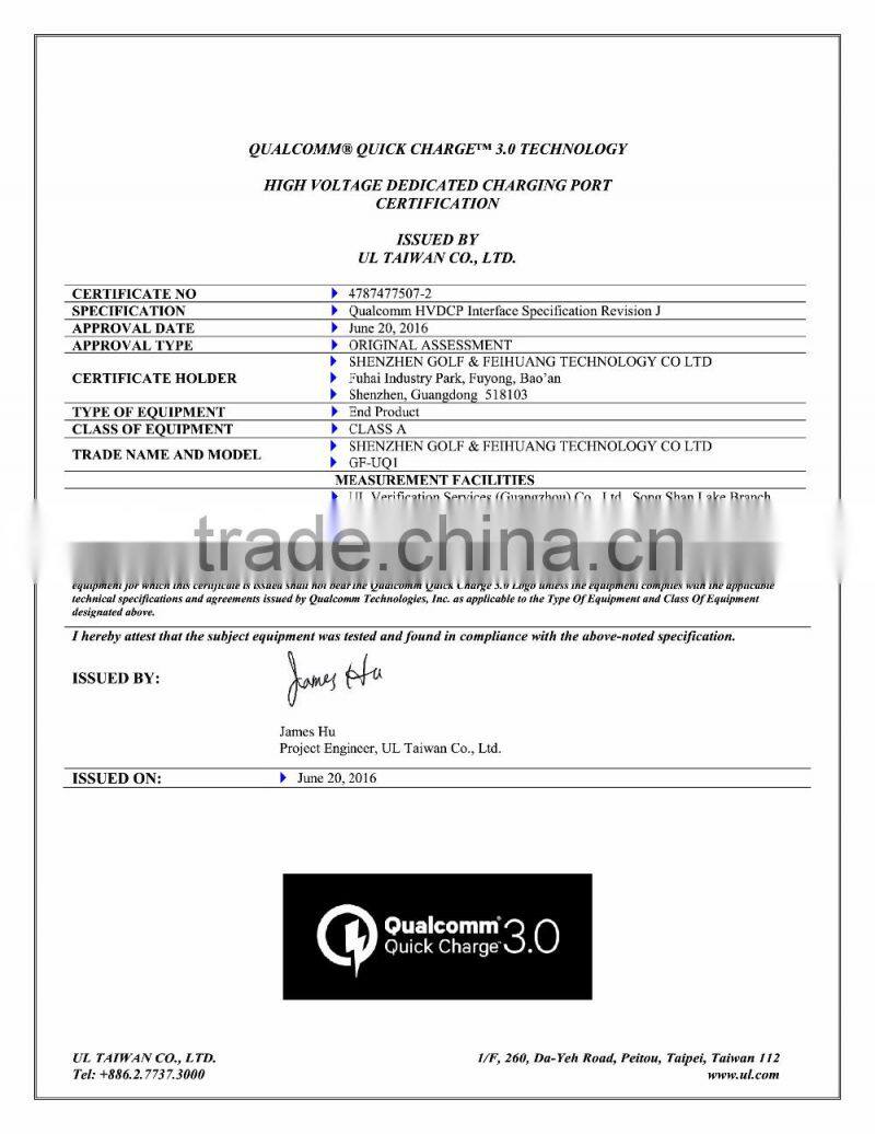 UL and Qualcomm approved QC3.0 18W wall charger adapter