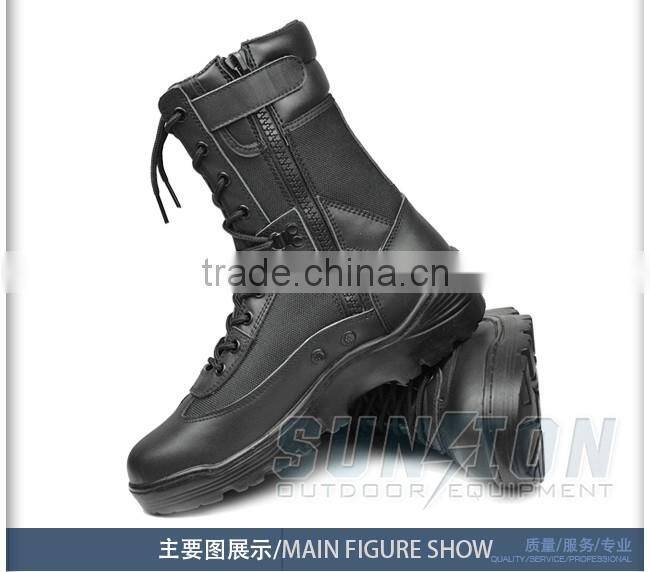 Full black cowhide full grain leather Tactical Boots with Zipper