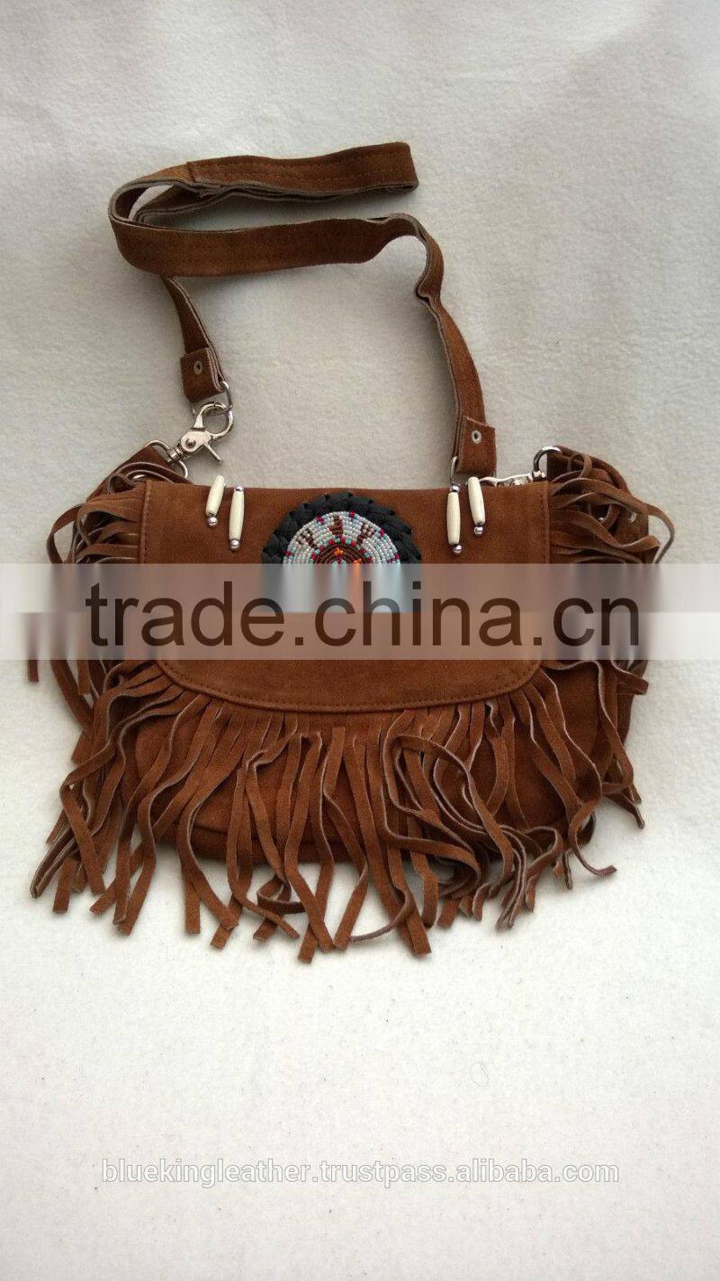 Native Western Style Suede Leather Beaded Shoulder Bag Fringed Brown