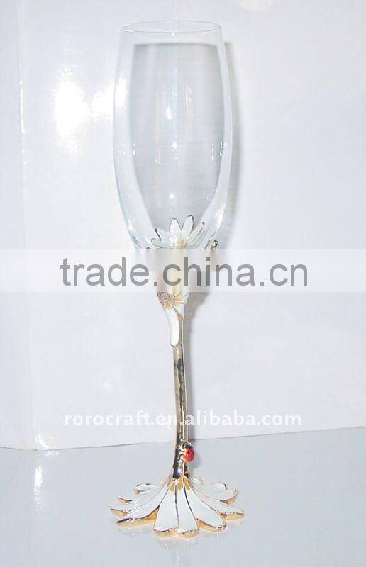 pewter base and stem with enamel color crystal wine glass