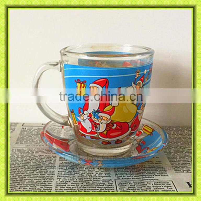 Eco-friendly glass coffee cup and saucer,glass mug with handle for Christmas,tableware