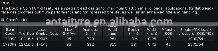 High quality Double Coin radial skid steer tires 10R16.5 12R16.5