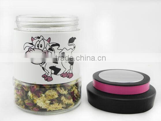 glass baby bottle with decal printing and stainless steel coated with screw-cap lid storage jar