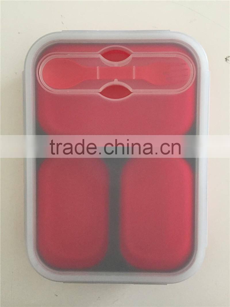 Collapsible silicone lunch box with serving tool/square shape foldable silicone lunch box