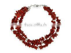 wholesale 7" 3 row 3-8mm cheap red coral chip charm bracelet with silver tone spacers