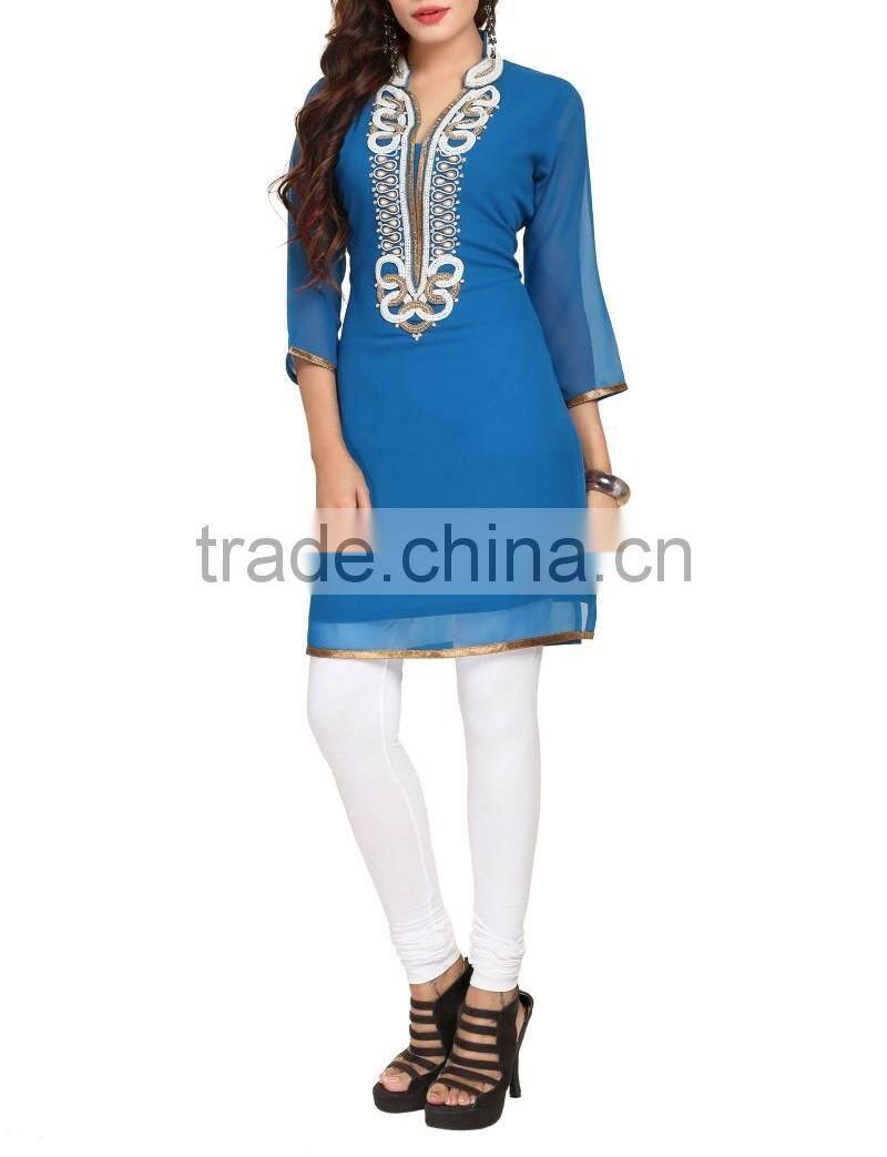 Pakistani Kurtis Glam And Glitter Tunic With Beadwork In White And Copper Front Neck Designs For Kurtis 2016 HSD5443