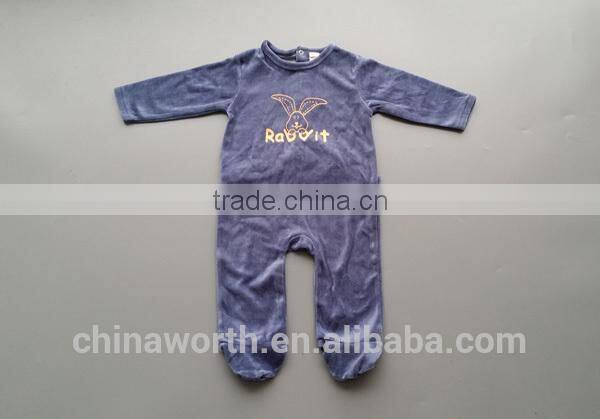 top selling velvet fabric printed baby romper with feet