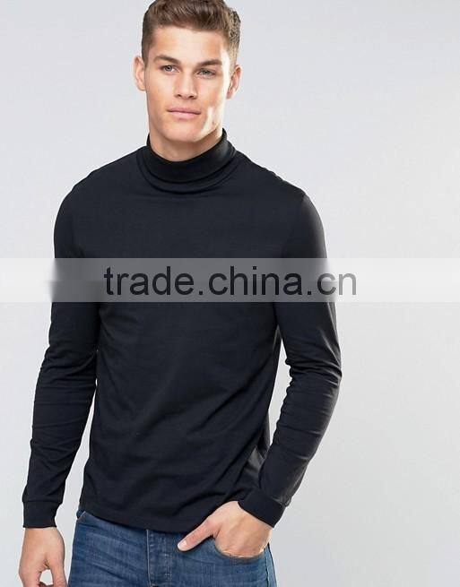 Long Sleeve T-Shirt with Roll Neck Soft 100% Cotton Black Plain Regular Fit T Shirt Men's Clothing Manufactures Overseas