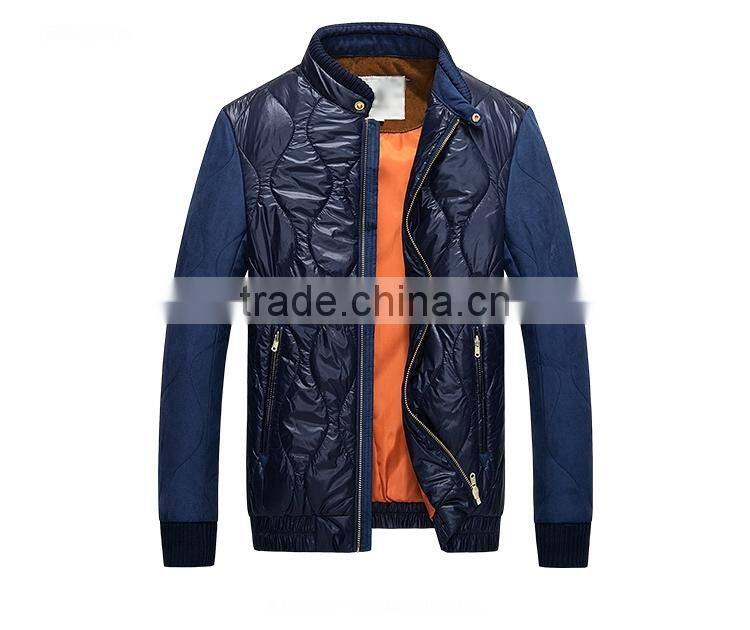 Mens Stand Collar Contrast Fabric Quilting Jacket With Elbow Patch