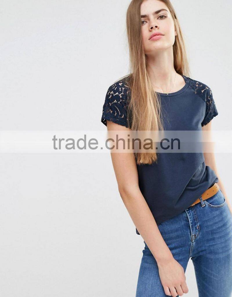 2016 wholesale women t shirt blank cotton t and model shirt with lace sleeve
