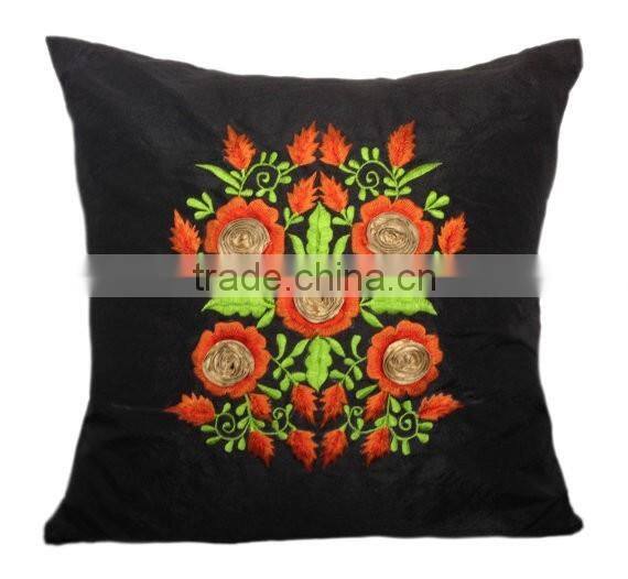 Black Pillow Cover, Decorative Pillow Cover, Floral Embroidery Pillow, Ribbon Pillow, Orange Accent Pillow, Couch Pillow,