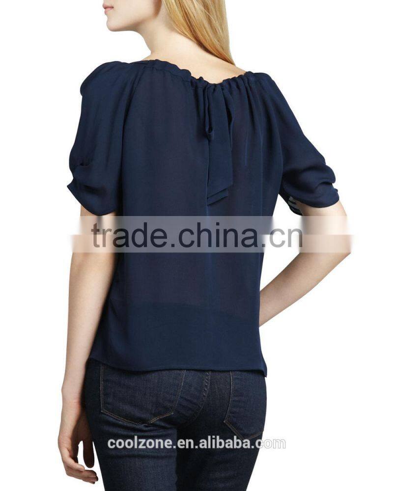Latest pleated neck puffed shoulders silk blouse elegant silk blouses models