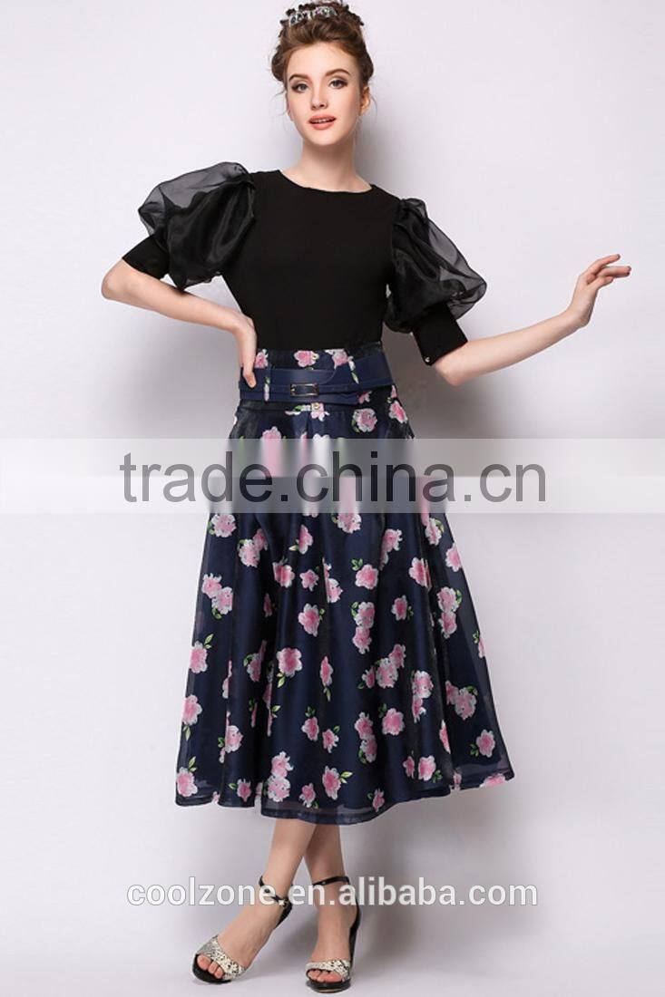 100% Polyester Sweet Floral Midi A-Line Bubble Skirt