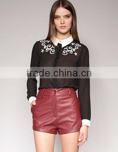Star Black white contrast color restoring ancient ways hook flower stars embroidery long sleeve chiffon shirt