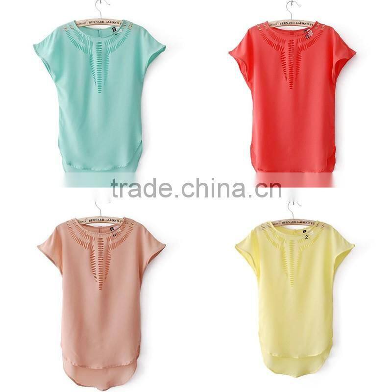 New Women Short Sleeve Short Front Long Back Plain Blouse