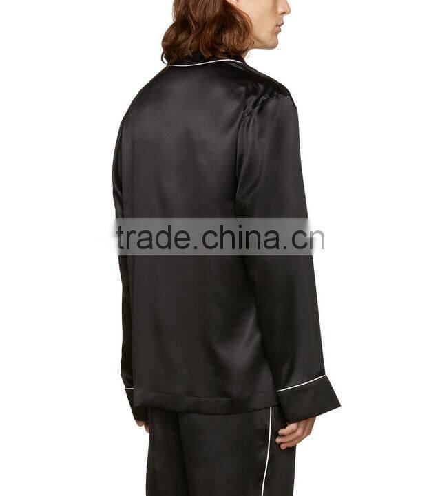 Black with white pipping men silk pajamas wholesale satin night wear
