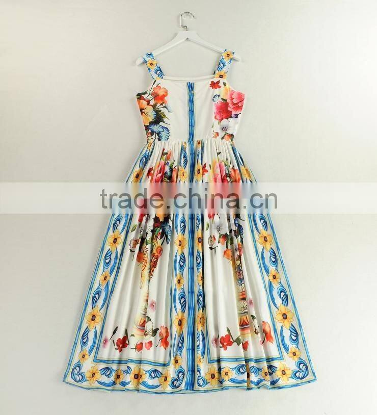 Ladies bright-coloured button-up peony printing princess straps dress with zipper back