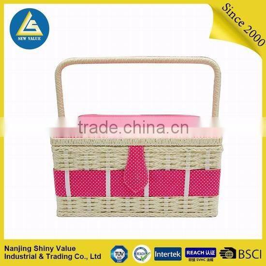 bamboo woven basket small size with white dot on pink cotton fabric