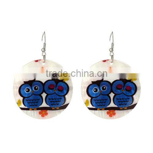 Silver Tone Hook Round Multicolor Flower Halloween Owl Pattern Fashion Shell Dangle Earrings 6.5cmx4.5cm