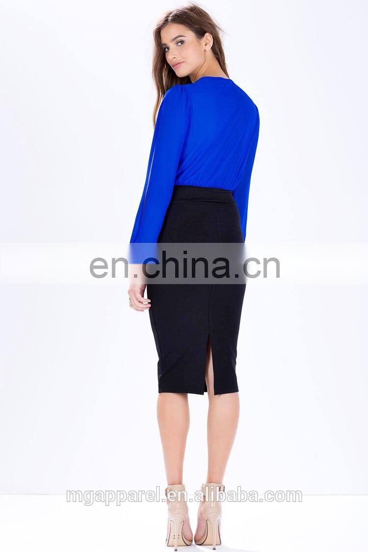 wholesale women dress long slit sleeves one-piece chiffon bodice bodycon midi dress with knit skirt fashion