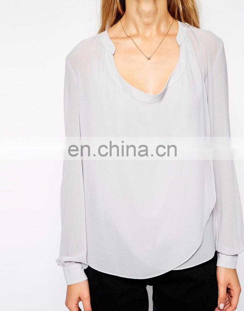 Grey color drape neck new style top for girls with chiffon material