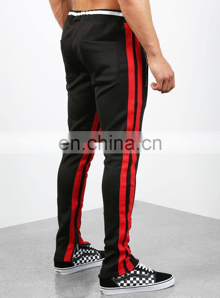 DiZNEW 2019 wholesale high quality usa 2 front zip pockets 2 back pockets men red track jeans pants with stripe