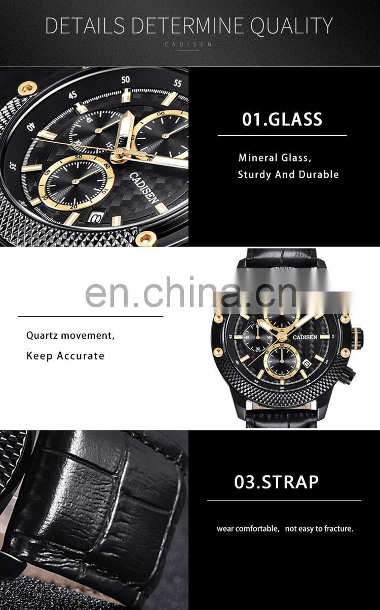 CADISEN C9062 Men sport casual analog quartz leather steel mesh strap week day high quality luxury watch