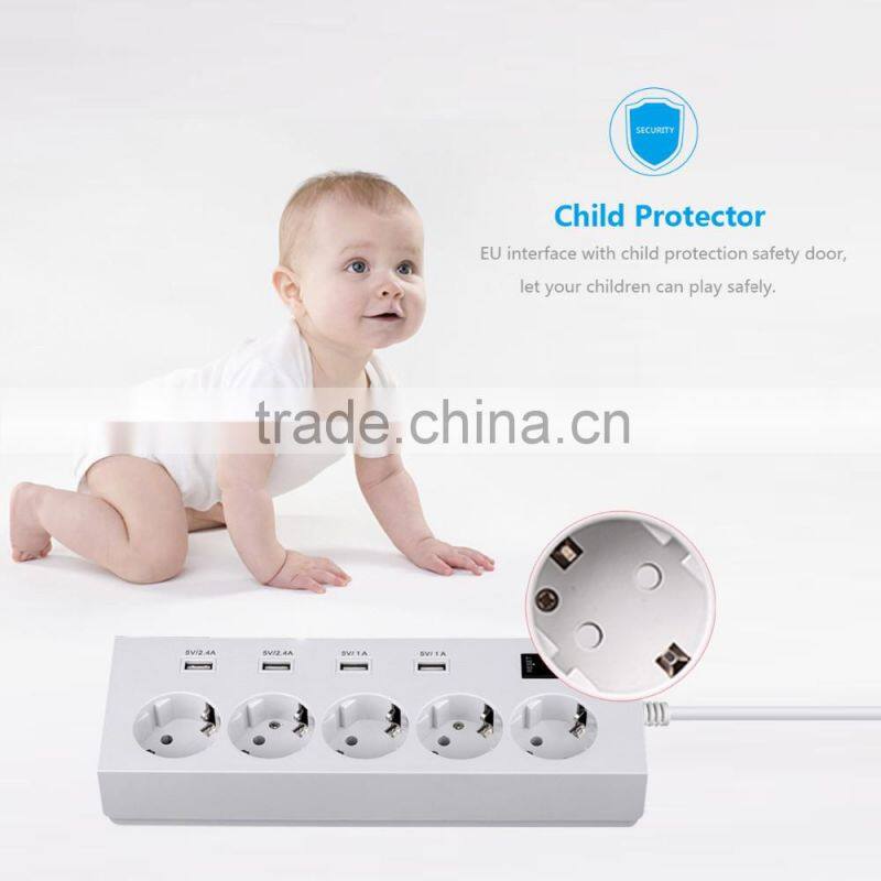 Euro standard 5 socket multiple outlet extension cord with usb slots child safety shutter