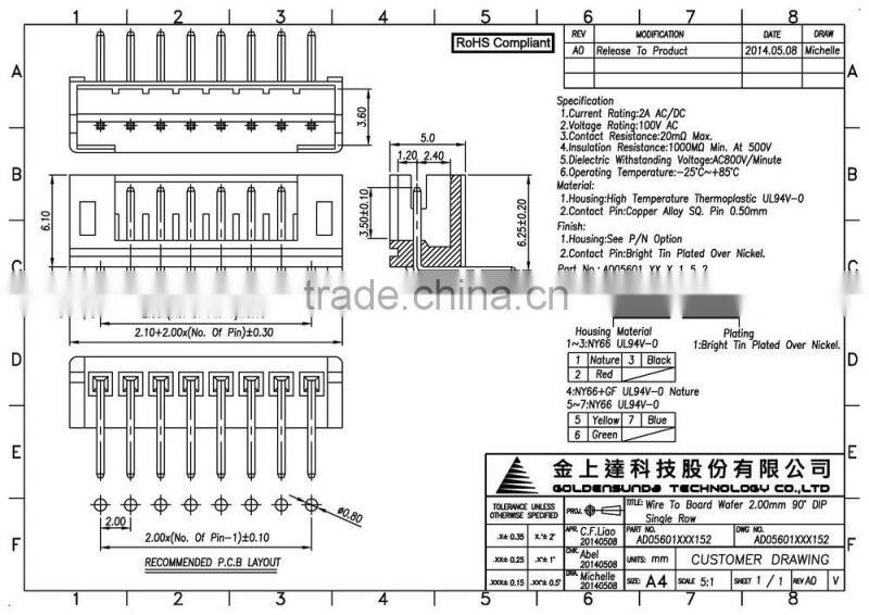 2mm Pitch Pin PCB Wire to Board Connector DIP 90 Right Angle Type 2 ~ 16 Pin Available