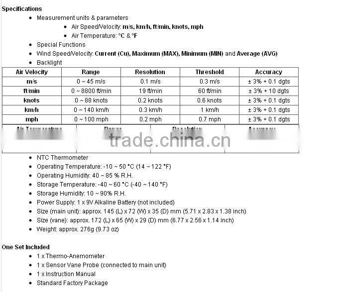 Digital anemometer air flow sensor with air temperature sensor